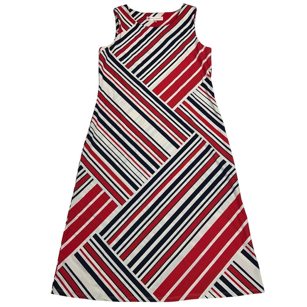 Jude Connally Beth Shift Dress Geometric Red White Blue Stripe Sleeveless Size S